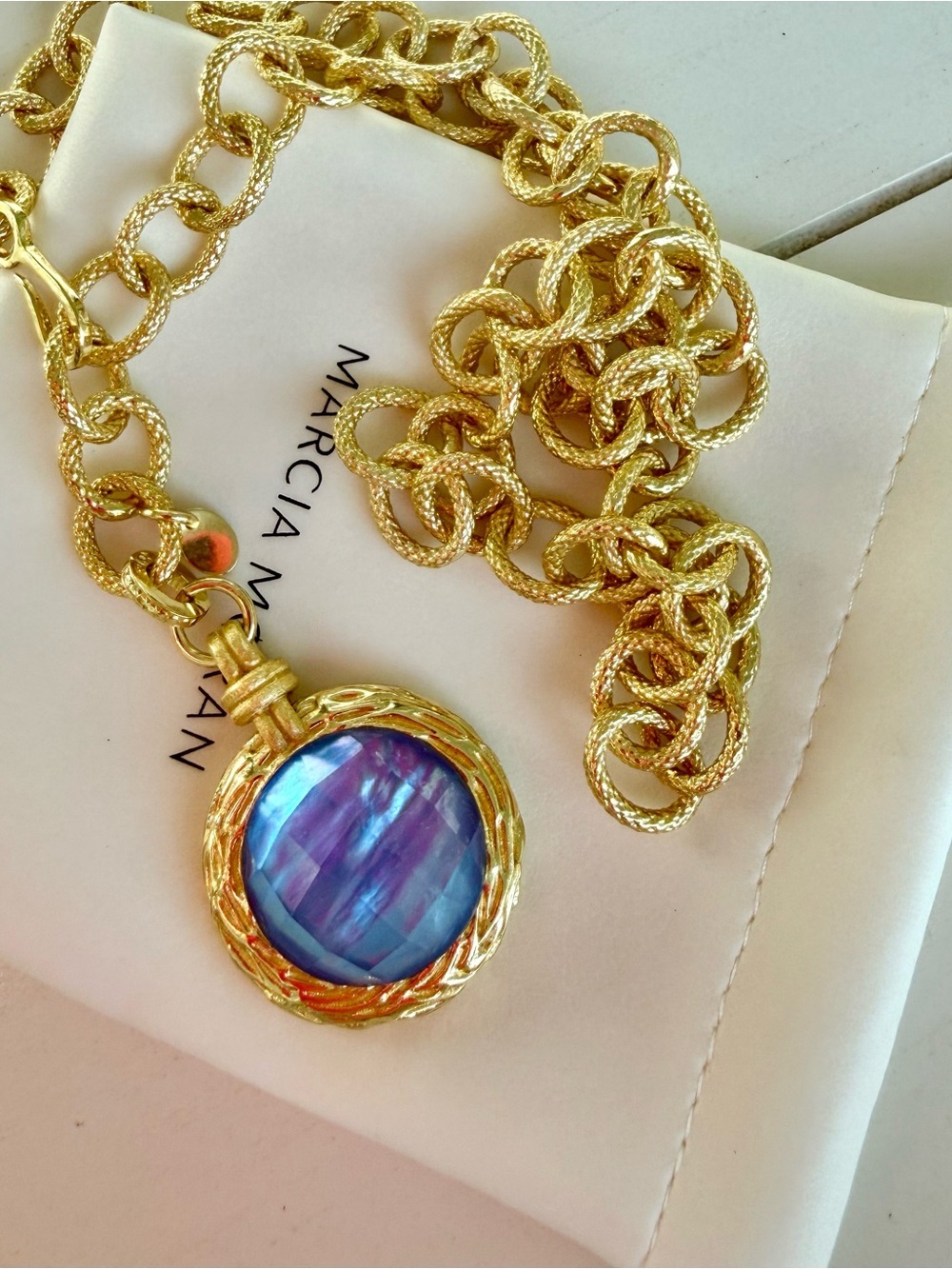 Textured Gold Necklace with Faceted Tanzanite Gem Pendant - Women Jewelry - Picture 2 of 3